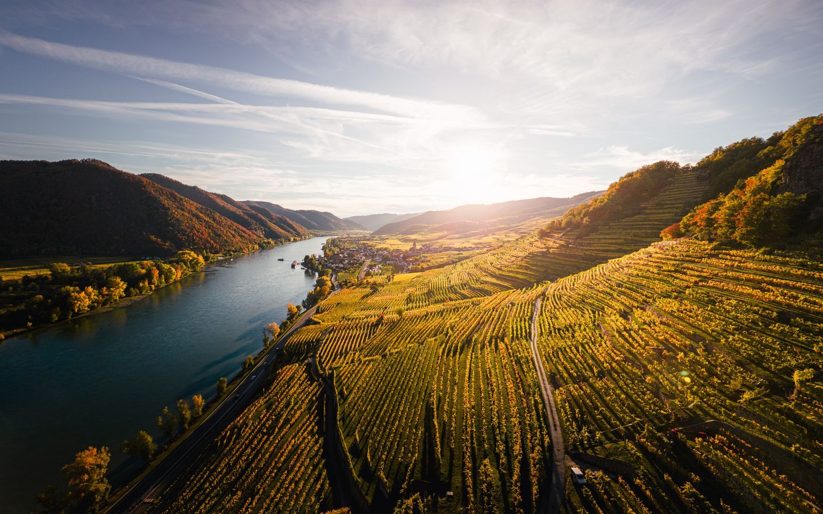 Terraced vineyards above the Danube in Austria&rsquo;s Wachau Valley at sunset, a highlight of many luxury river cruises Europe 2027 itineraries